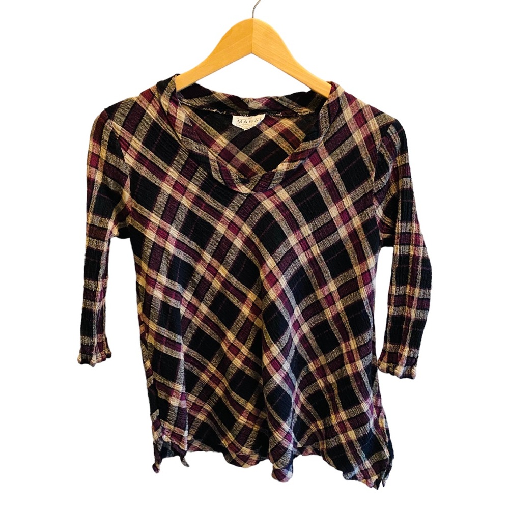 ⭐️ THE MASAI CLOTHING COMPANY Purple Plaid Linen Blend Asymmetrical Hem Top